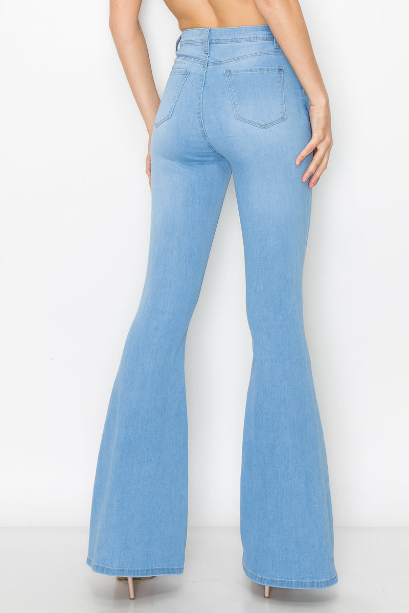 BC-065 HIGH WAISTED STRETCHY RIPPED BELL BOTTOM JEANS DARK BLUE