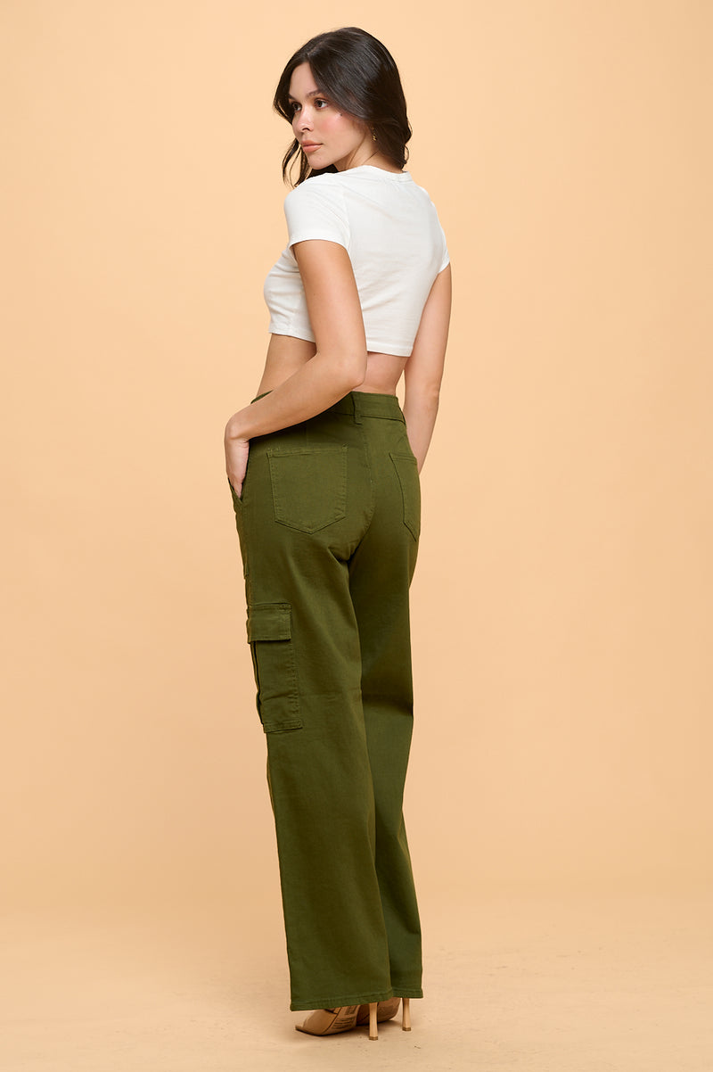 HIGH WAISTED STRETCHY CARGO PANTS LVB-600 OLIVE