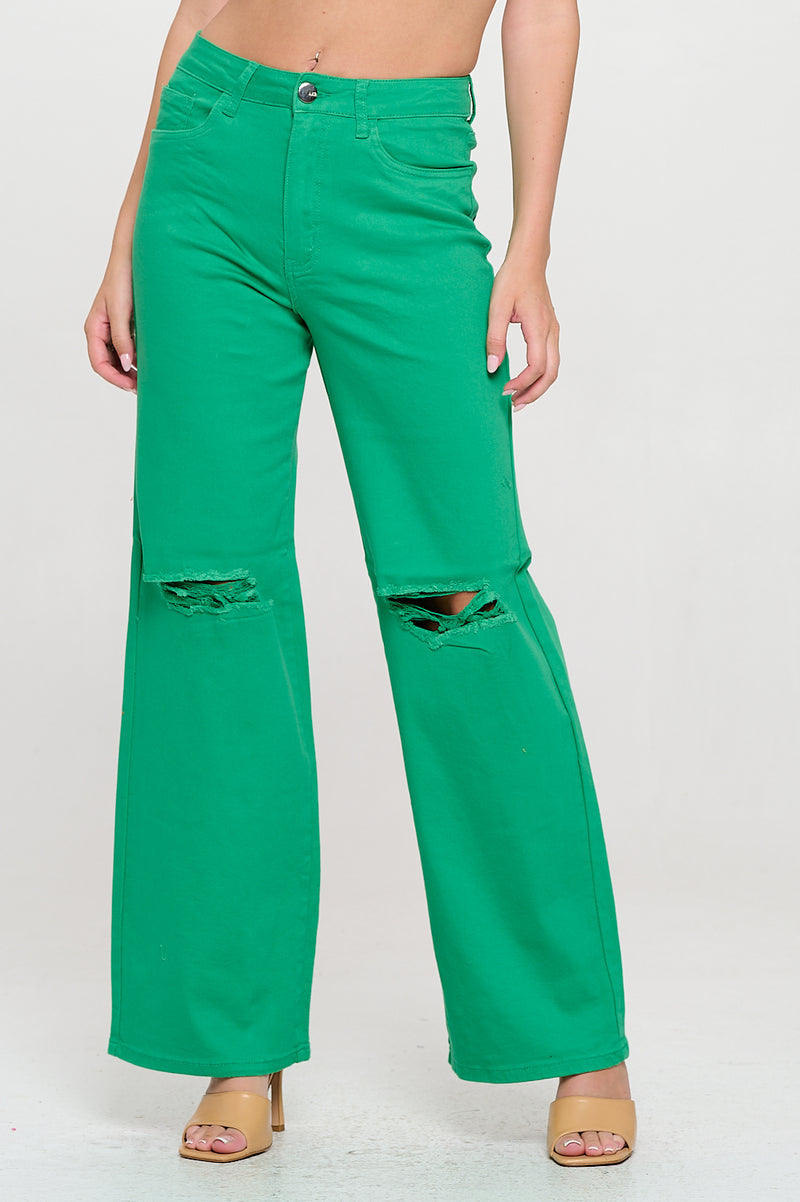 GREEN HIGH WAISTED STRETCHY COLORED WIDE LEG JEANS LVB-230