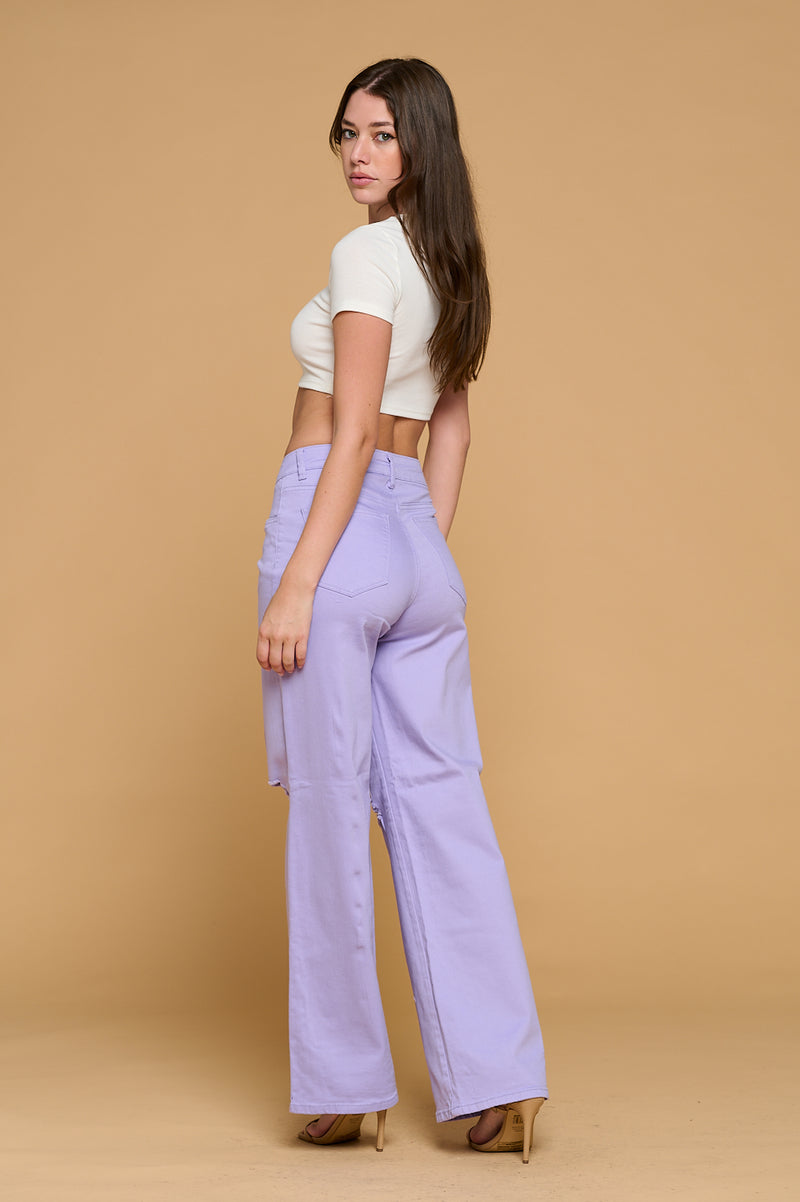 LVB-230 LILAC HIGH WAISTED STRETCHY COLORED WIDE LEG JEANS