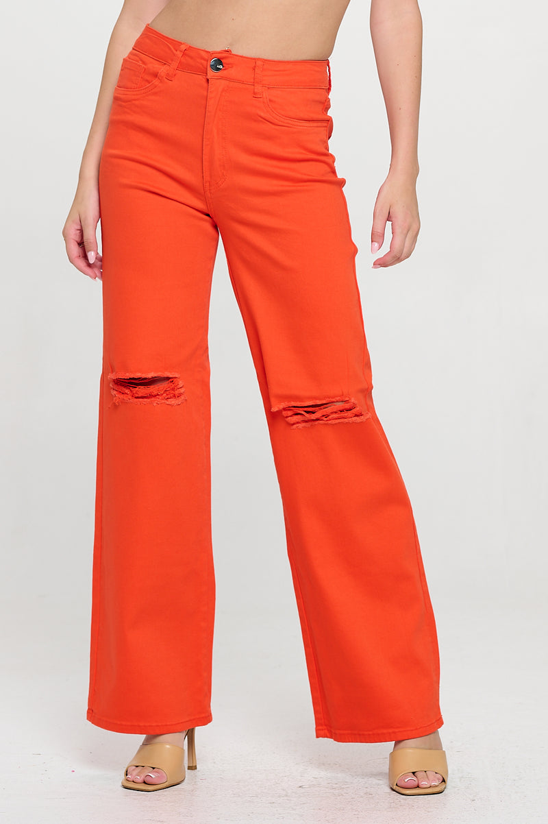 LVB-230 TANGERINE HIGH WAISTED STRETCHY COLORED WIDE LEG JEANS