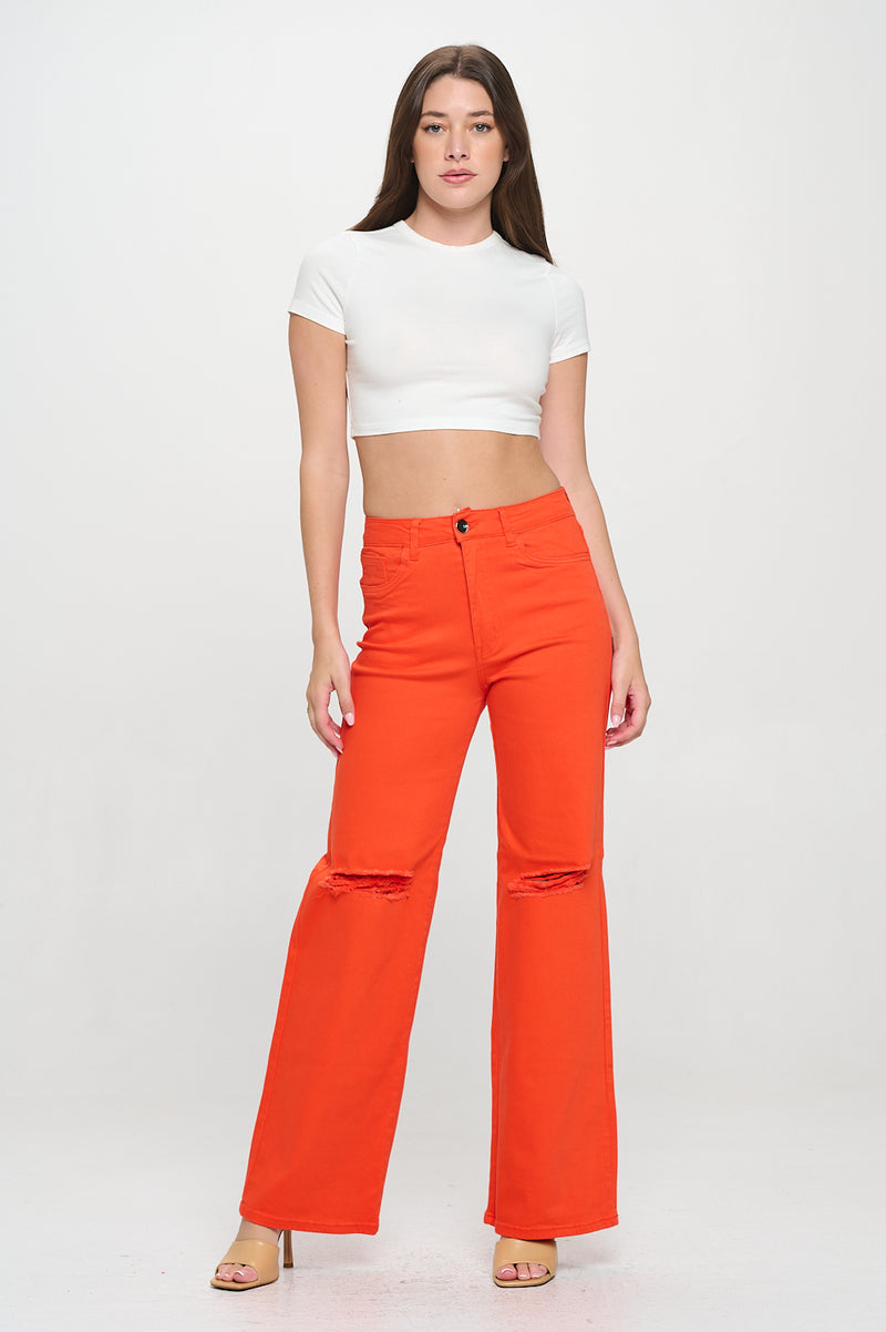 LVB-230 TANGERINE HIGH WAISTED STRETCHY COLORED WIDE LEG JEANS
