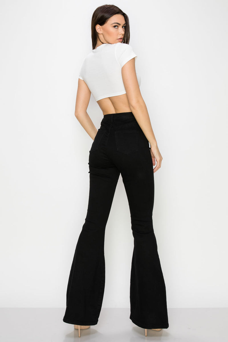 HIGH WAISTED STRETCHY BELL BOTTOM BLACK JEANS - LOVER BRAND FASHION