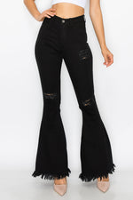 BC-012 HIGH WAISTED STRETCHY RIPPED BELL BOTTOM JEANS BLACK