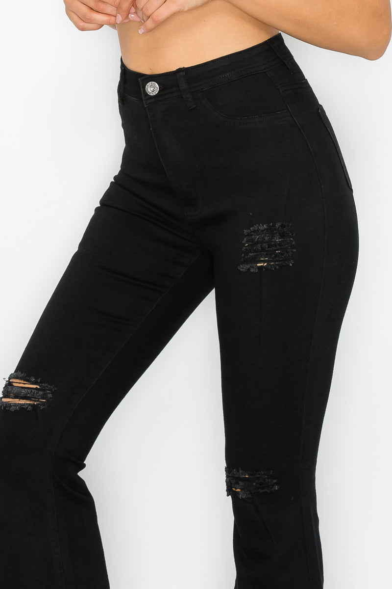 BC-012 HIGH WAISTED STRETCHY RIPPED BELL BOTTOM JEANS BLACK