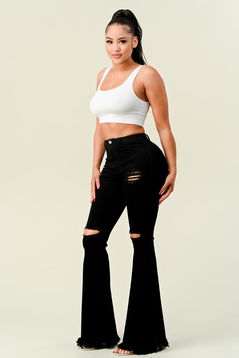 BC-012 HIGH WAISTED STRETCHY RIPPED BELL BOTTOM JEANS BLACK