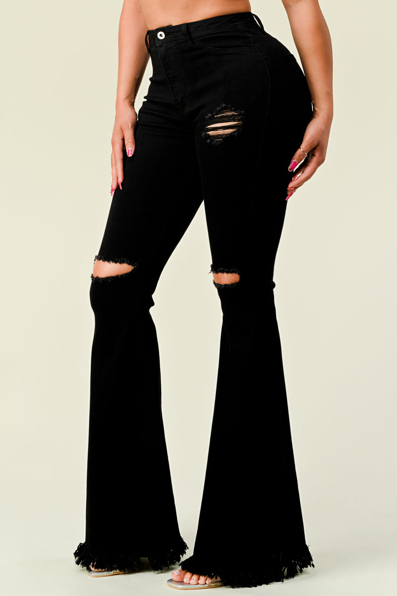 HIGH WAISTED STRETCHY RIPPED BELL BOTTOM BLACK - LOVER BRAND FASHION