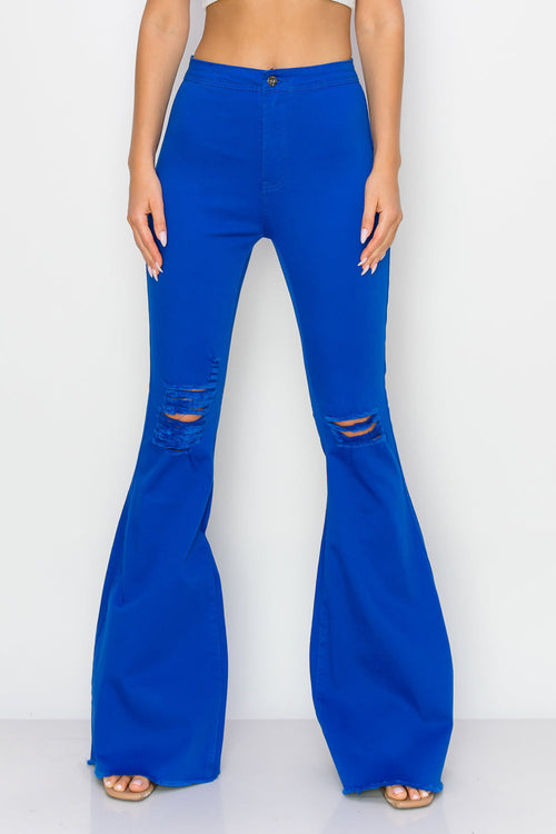 HIGH WAISTED STRETCHY BELL BOTTOMS WOMEN JEANS - DISTRESSED