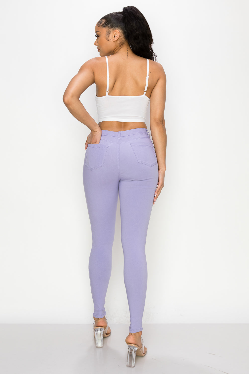 HIGH WAISTED COLORED SUPER-STRETCH JEANS LILAC - LOVER BRAND FASHION