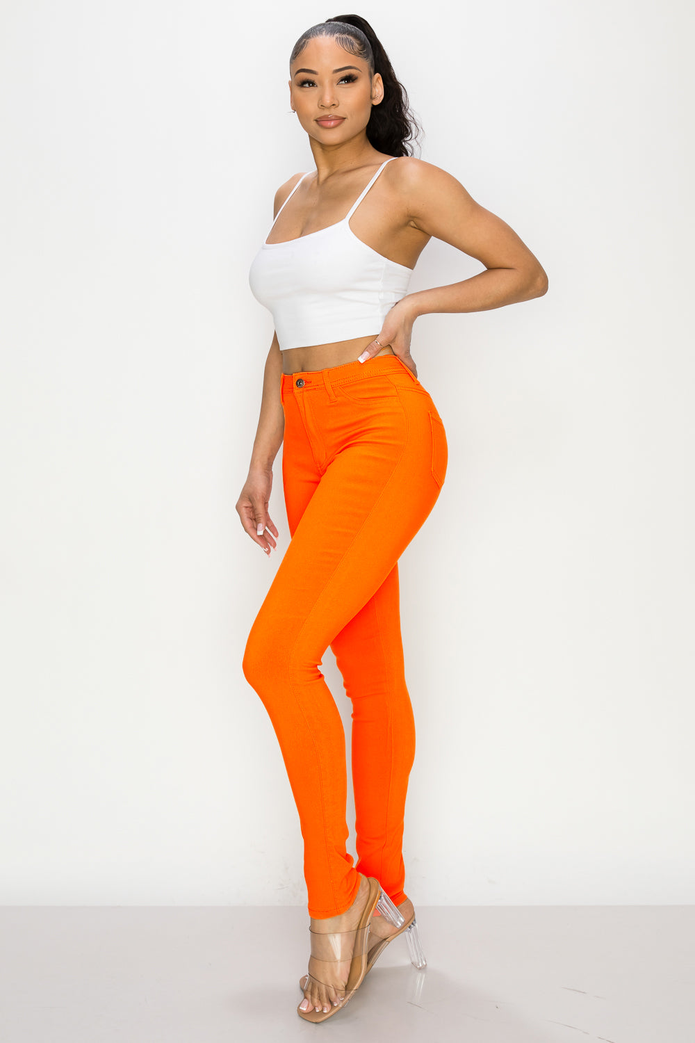 HIGH WAISTED SUPER-STRETCH JEANS NEON ORANGE - LOVER BRAND FASHION