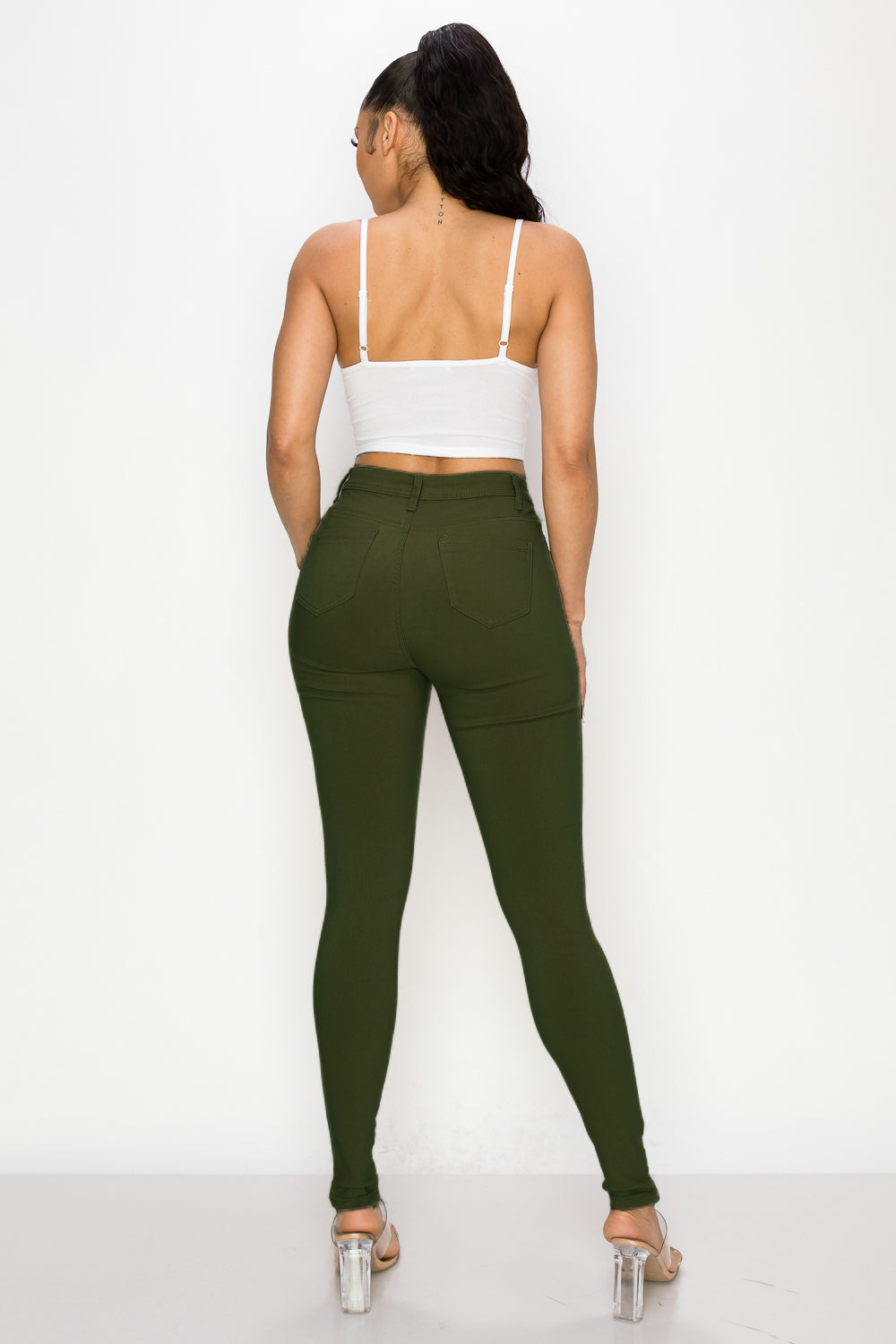 HIGH WAISTED COLORED SUPER-STRETCH JEANS OLIVE - LOVER BRAND FASHION